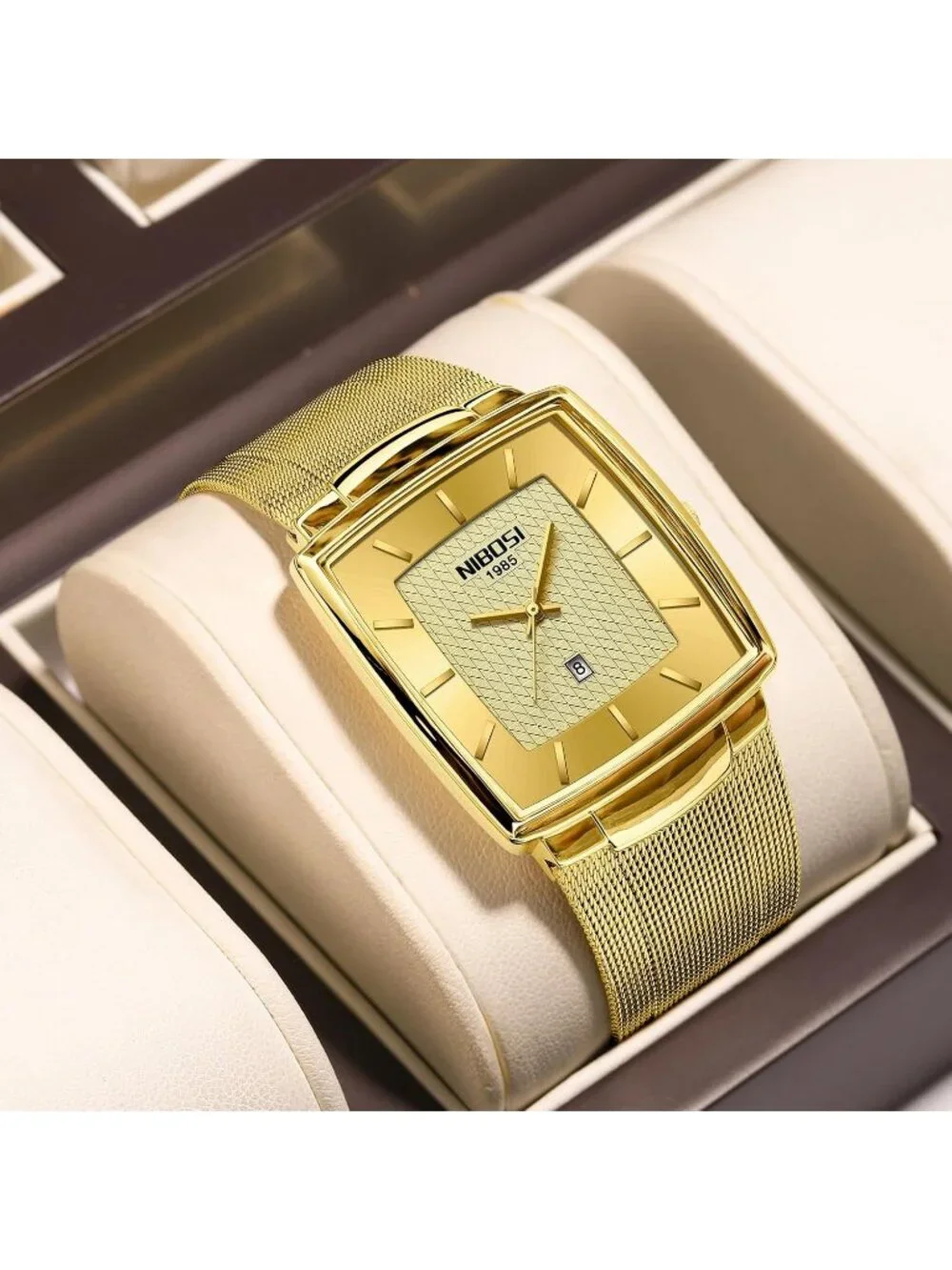 Nibosi Men's All Gold Square Analog Quartz Stainless Mesh Strap Waterproof Watch